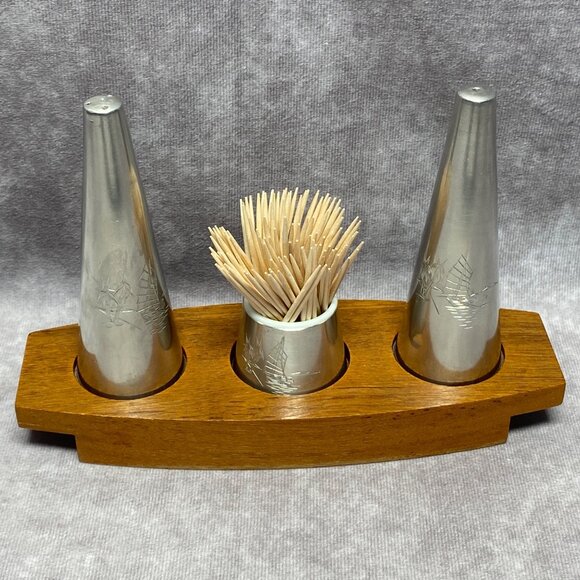Vintage Selangor Pewter 4PC Salt & Pepper Shakers Mustard Pot on Teak Wood - Picture 10 of 15